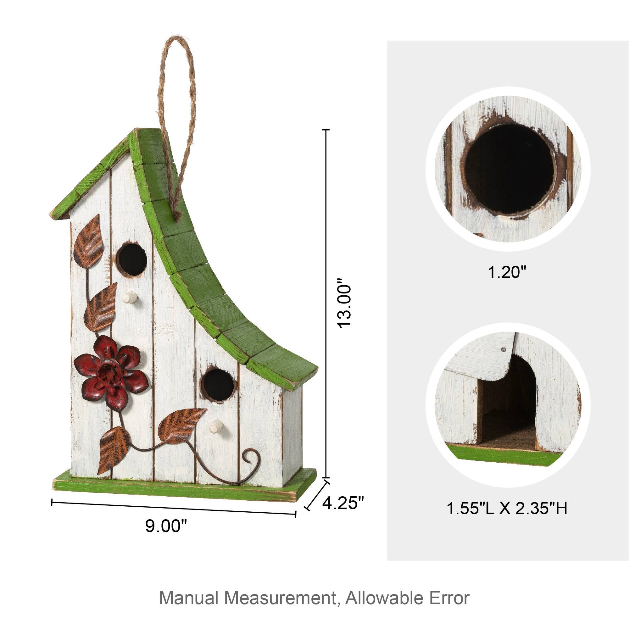 Glitzhome® 13" White Distressed Wood Birdhouse with Green Roof